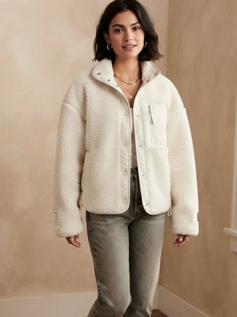 Fabletics Cream Teddy Sherpa Button Jacket